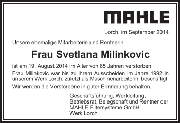 Traueranzeige von Svetlana Milinkovic von Gmünder Tagespost