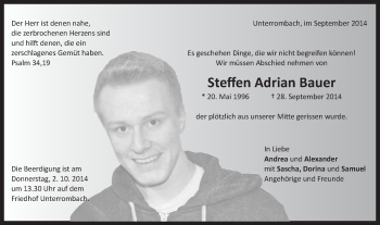 Traueranzeige von Steffen Adrian Bauer von Schwäbische Post