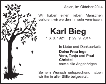 Traueranzeige von Karl Bieg von Schwäbische Post