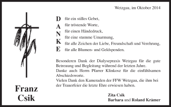 Traueranzeige von Franz Csik von Gmünder Tagespost