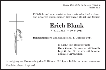 Traueranzeige von Erich Blank von Schwäbische Post