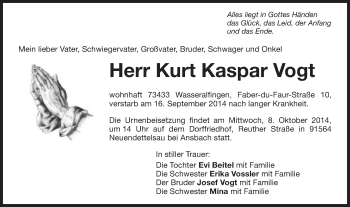 Traueranzeige von Kurt Kaspar Vogt von Schwäbische Post