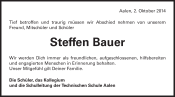 Traueranzeige von Steffen Bauer von Schwäbische Post