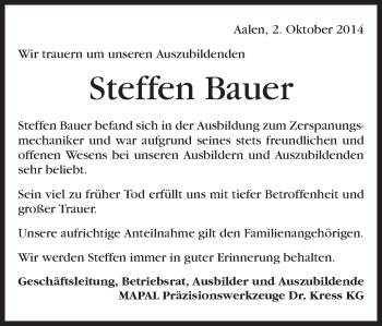 Traueranzeige von Steffen Bauer von Schwäbische Post