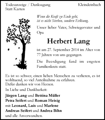 Traueranzeige von Herbert Lang von Gmünder Tagespost