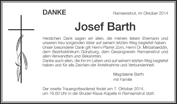 Traueranzeige von Josef Barth von Schwäbische Post
