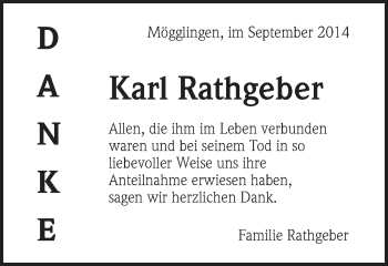 Traueranzeige von Karl Rathgeber von Gmünder Tagespost