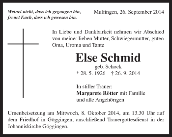 Traueranzeige von Else Schmid von Gmünder Tagespost