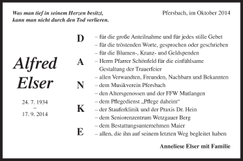 Traueranzeige von Alfred Elser von Gmünder Tagespost