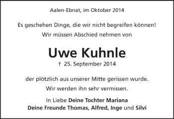 Traueranzeige von Uwe Kuhnle von Schwäbische Post