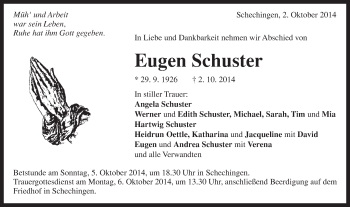 Traueranzeige von Eugen Schuster von Gmünder Tagespost
