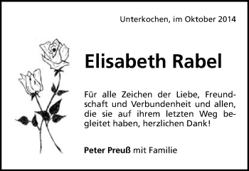 Traueranzeige von Elisabeth Rabel von Schwäbische Post
