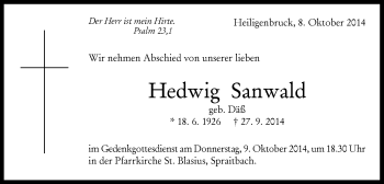 Traueranzeige von Hedwig Sanwald von Gmünder Tagespost