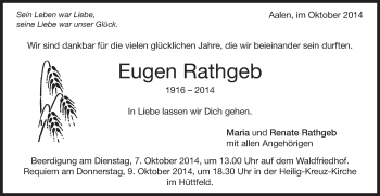 Traueranzeige von Eugen Rathgeb von Schwäbische Post