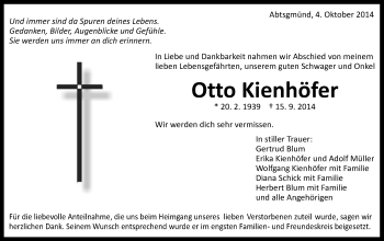 Traueranzeige von Otto Kienhöfer von Schwäbische Post