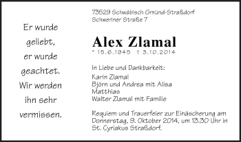 Traueranzeige von Alex Zlamal von Gmünder Tagespost