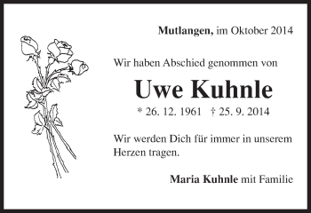 Traueranzeige von Uwe Kuhnle von Gmünder Tagespost