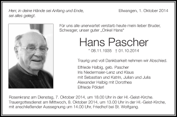 Traueranzeige von Hans Pascher von Schwäbische Post
