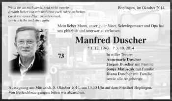 Traueranzeige von Manfred Duscher von Schwäbische Post