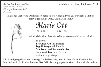 Traueranzeige von Marie Ott von Schwäbische Post