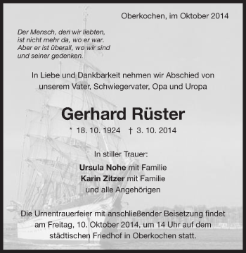 Traueranzeige von Gerhard Rüster von Schwäbische Post