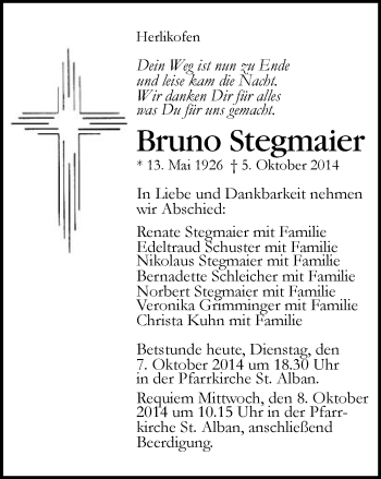 Traueranzeige von Bruno Stegmaier von Gmünder Tagespost
