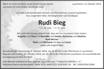 Traueranzeige von Rudi Bieg von Schwäbische Post