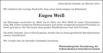 Traueranzeige von Eugen Weiß von Schwäbische Post