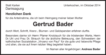 Traueranzeige von Gertrud Bader von Schwäbische Post