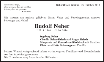 Traueranzeige von Rudolf Neher von Gmünder Tagespost