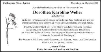 Traueranzeige von Dorothea Karoline Weller von Gmünder Tagespost