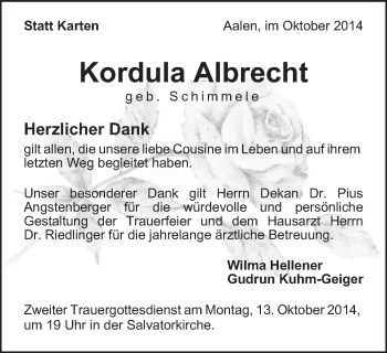 Traueranzeige von Kordula Albrecht von Schwäbische Post