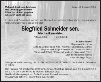 Traueranzeige von Siegfried Schneider von Schwäbische Post