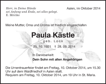 Traueranzeige von Paula Kästle von Schwäbische Post