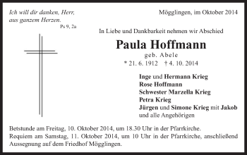 Traueranzeige von Paula Hoffmann von Gmünder Tagespost