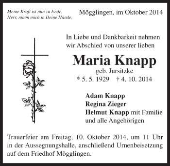 Traueranzeige von Maria Knapp von Gmünder Tagespost