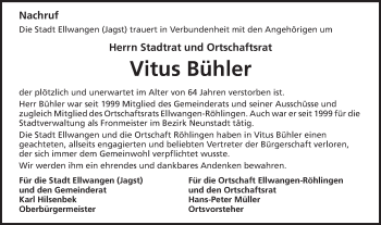 Traueranzeige von Vitus Bühler von Schwäbische Post