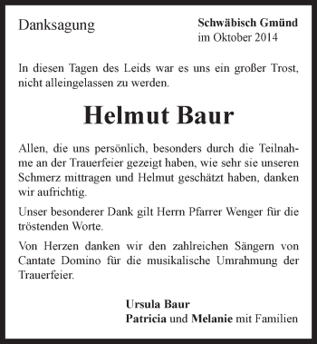 Traueranzeige von Helmut Baur von Gmünder Tagespost