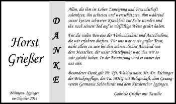 Traueranzeige von Horst Grießer von Gmünder Tagespost