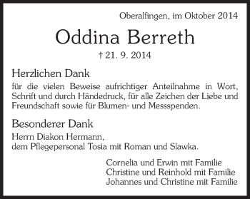 Traueranzeige von Oddina Berreth von Schwäbische Post