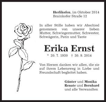 Traueranzeige von Erika Ernst von Gmünder Tagespost
