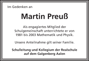 Traueranzeige von Martin Preuß von Schwäbische Post