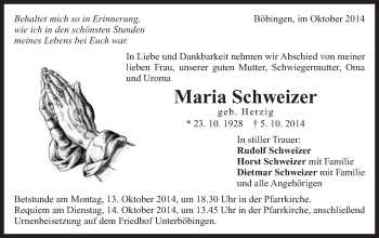 Traueranzeige von Maria Schweizer von Gmünder Tagespost