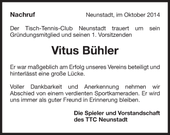 Traueranzeige von Vitus Bühler von Schwäbische Post