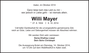 Traueranzeige von Willi Mayer von Schwäbische Post
