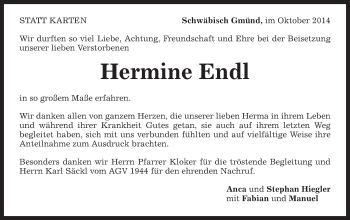 Traueranzeige von Hermine Endl von Gmünder Tagespost