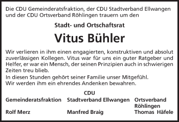 Traueranzeige von Vitus Bühler von Schwäbische Post