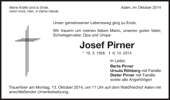 Traueranzeige von Josef Pirner von Schwäbische Post