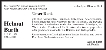 Traueranzeige von Helmut Barth von Gmünder Tagespost