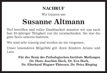 Traueranzeige von Susanne Altmann von Gmünder Tagespost